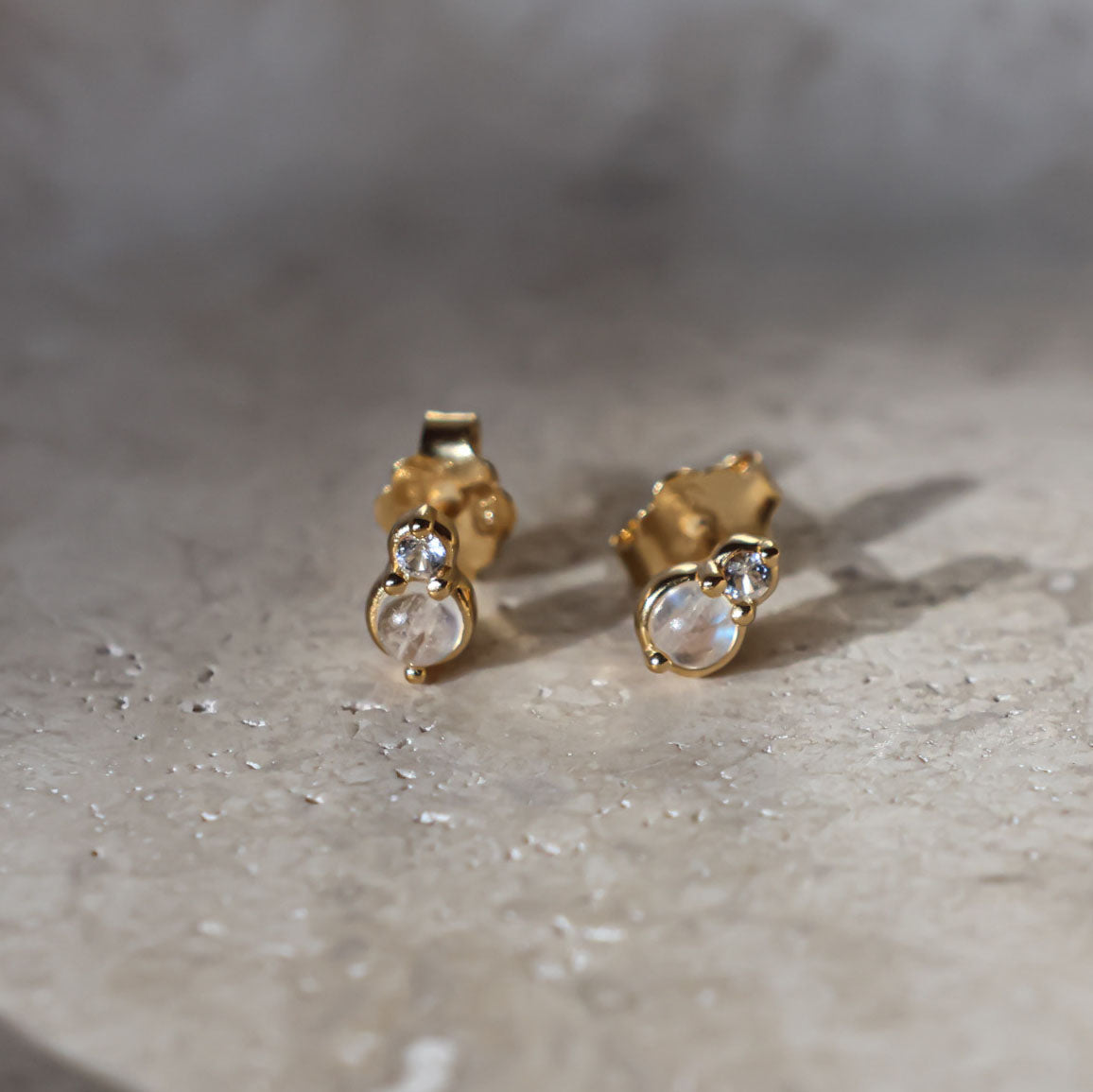 Moonstone and Sapphire Studs - Gold