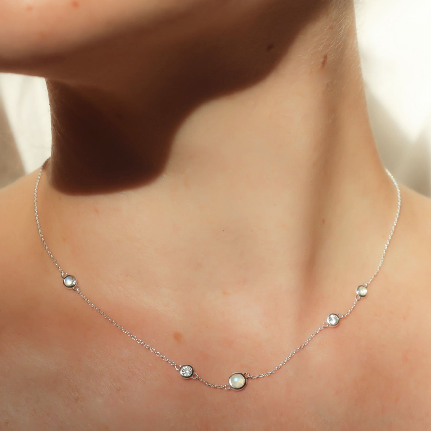 Moonstone and Sapphire Gemstone Necklace - Silver