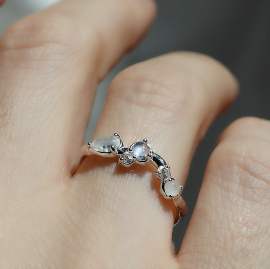 Organic Moonstone and White Sapphire Ring - Silver