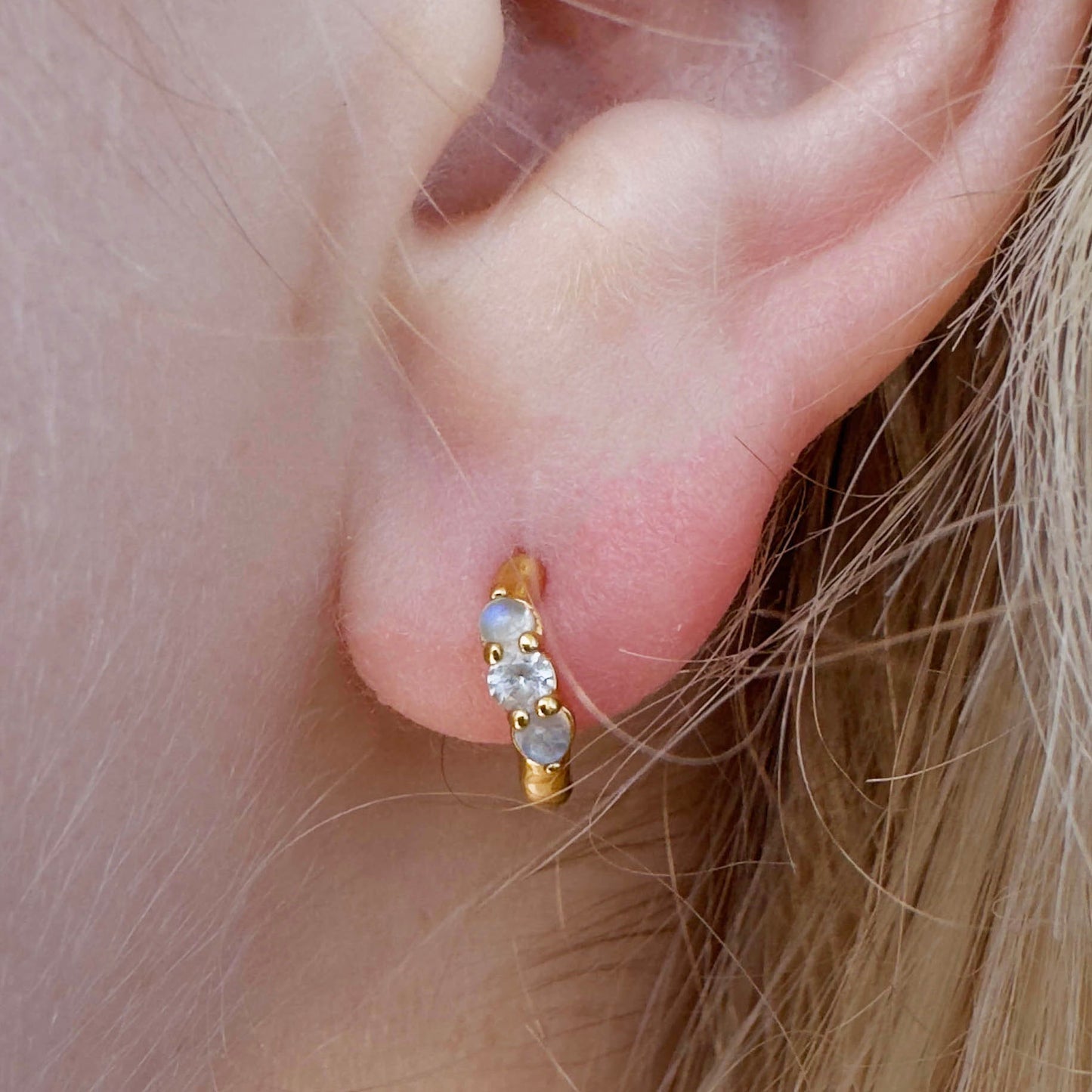 Organic Moonstone and White Sapphire Huggie Earrings - Gold