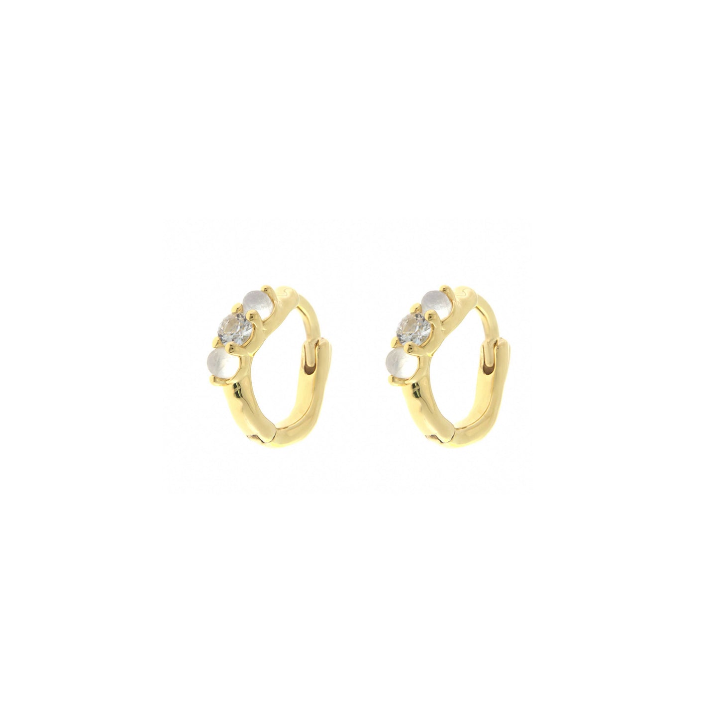 Organic Moonstone and White Sapphire Huggie Earrings - Gold