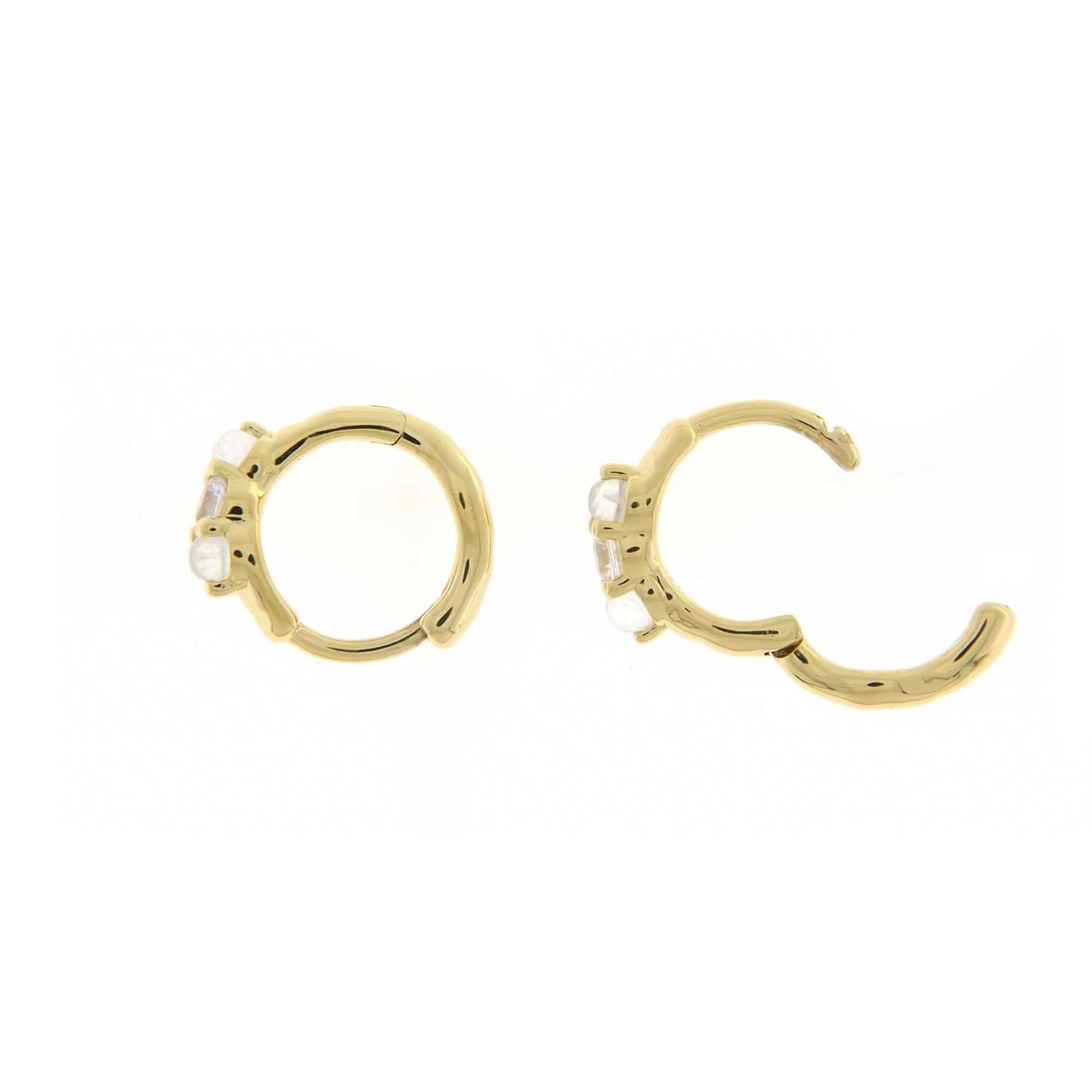 Organic Moonstone and White Sapphire Huggie Earrings - Gold